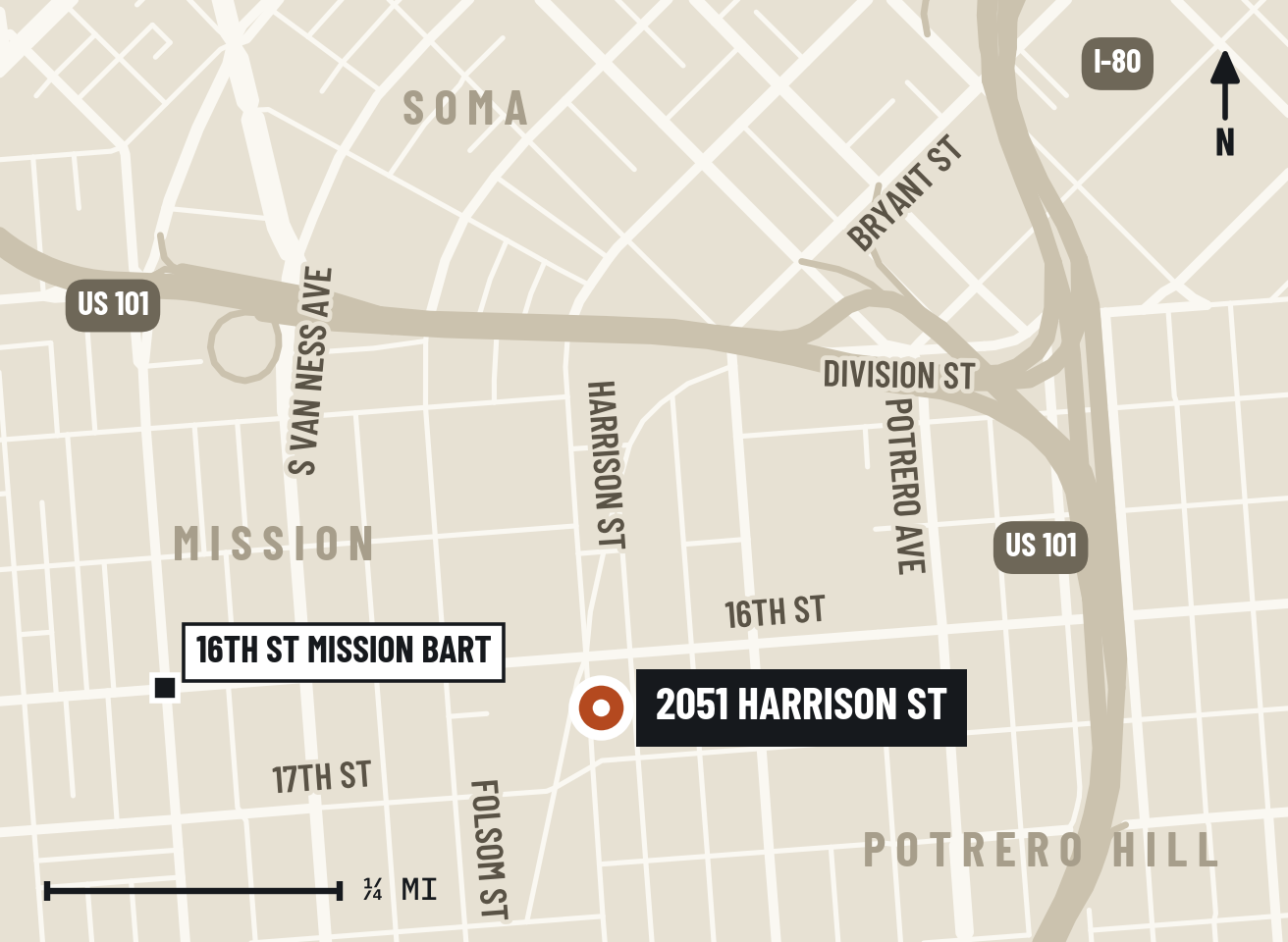 Street map showing 2051 Harrison St between 16th and 17th Streets in the Mission, with US 101, I-80 and 16th St Mission BART nearby